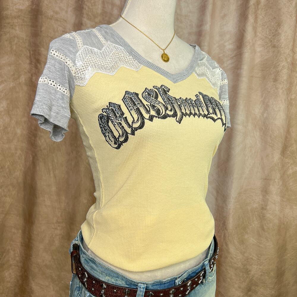 Crash & Burn Logo Shade Thermal Waffle T-Shirt Top Rhinestone Sequin McBling Y2K